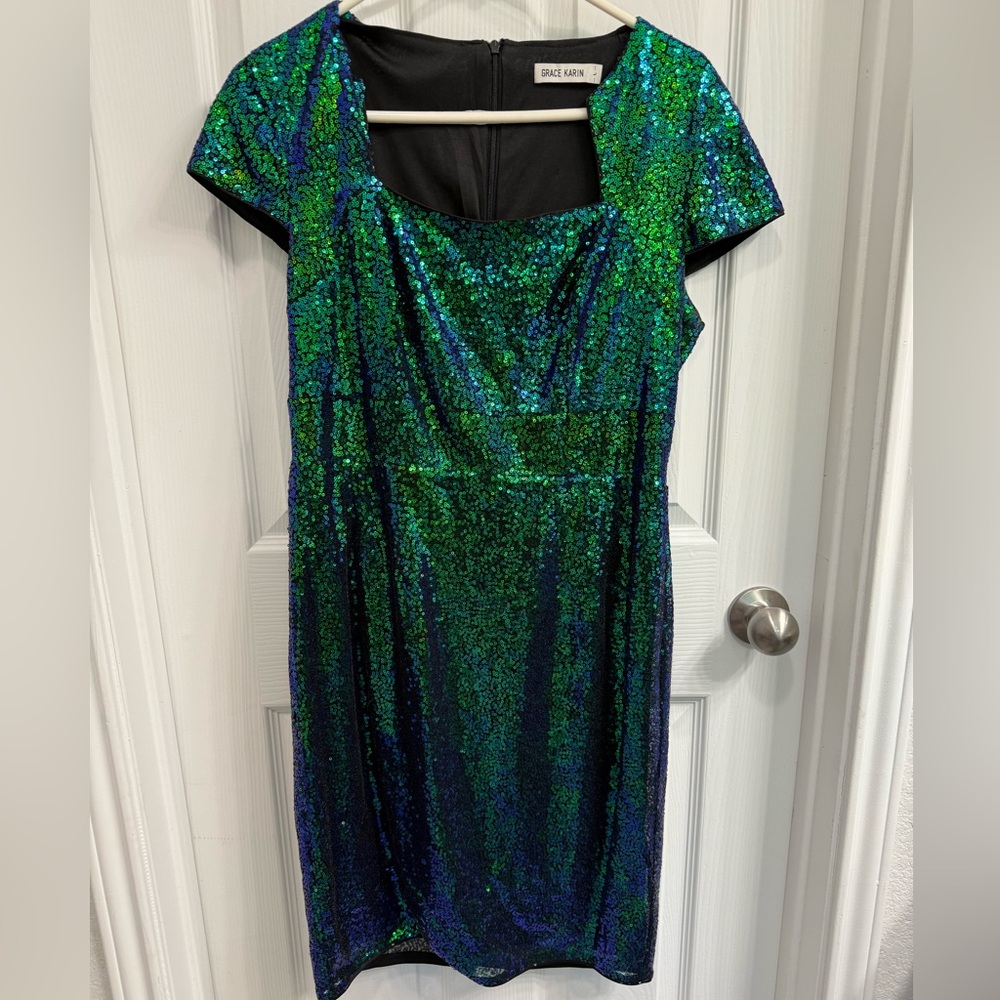 Grace Karin Blue and Green Sequin Mini Dress